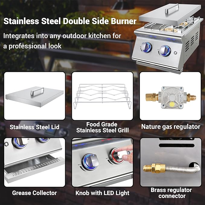 Double Grilling Side Burners for Outdoor Kitchen, 2 * 17,000BTU Nature Gas Burners, Convertible to Liquid Propane, Duty Heavy 304 Stainless Steel, Built-in Side Burner for BBQ Island Grill