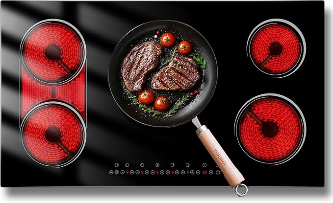 5 Burner Electric Cooktop 36 Inch, Nefaracy Built-in Electric Stove Top 9600W, 36'' Ceramic Cooktop with Touch Control, BBQ Burner, Timer & Pause, Safety Lock, 220V Hard Wire
