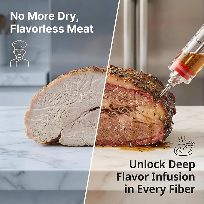 Li&Zhao Meat Injector Syringe Kit - 1-Oz Capacity with 3 Stainless Steel Needles, Cleaning Brush, Silicone Basting Brush-Essential Turkey Baster Syringe for Moisture-Infused BBQ, Smoked Meats, Pork