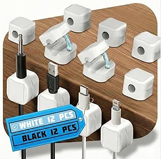 12 Pack Magnetic Cord Organizer White – Fast Locking System Cable Management for Desk, Nightstand & Car, Strong Adhesive Wire Clips, USB Cable Organizer, Phone Charger Cord Holder for Organized Spaces