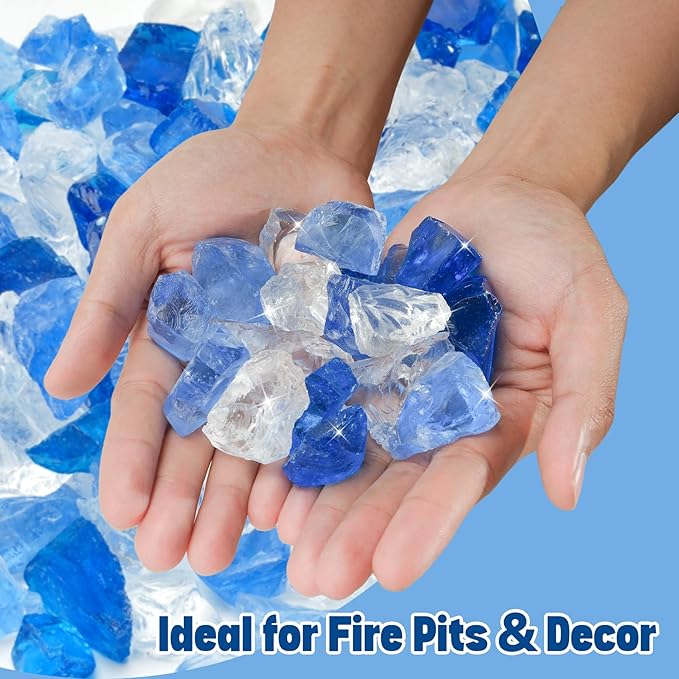 Mr. Fireglass Crushed Fire Glass for Natural or Propane Fire Pit, 10 Pounds Decorative Recycled Fireplace Glass Rocks for Fire Pit Fireplace and Landscaping, High Luster Sea Blue and Ice Clear