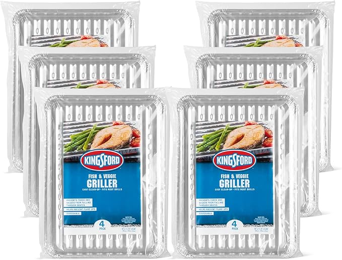 Kingsford Fish & Veggie Grill Liners, Nonstick Aluminum Griller Pans for BBQ, Helps Keep Food from Falling Through Grates, Disposable Heat-Safe Grill Accessories, 16" x 11.75", 4 Count - 6 Pack