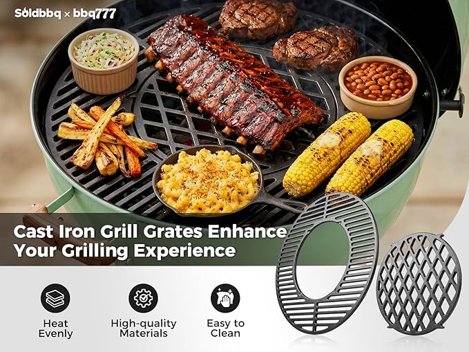 8835 Cast Iron 21.5" Grill Grates w/12" Removable Center Grate for Weber Original Kettle Premium 22-inch Charcoal Grill, Replacement Parts for Weber 22" Performer Premium Grill, One-Touch Grills