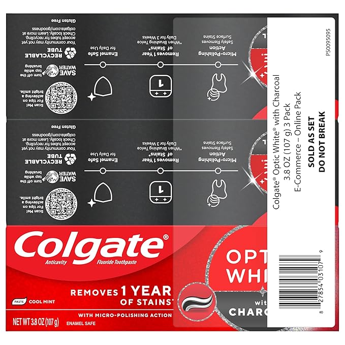 Colgate Optic White with Charcoal Teeth Whitening Toothpaste, Anticavity Toothpaste with Fluoride, Cool Mint Flavor, 3 Pack, 3.8 OZ