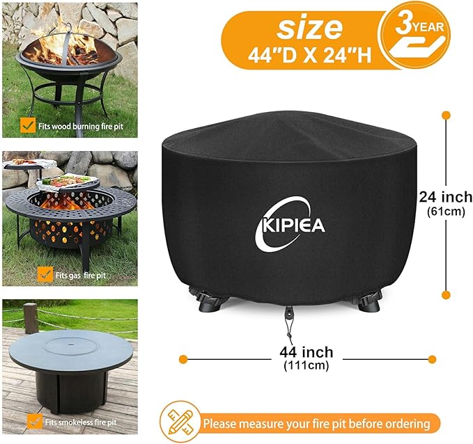 Kipiea Round Fire Pit Cover - 100% Waterproof Upgraded 600D Strong Tear Resistant Firepit Cover, UPF 50+ Outdoor Fire Pit Cover Fading Resistant, 44" Dia X 24" H