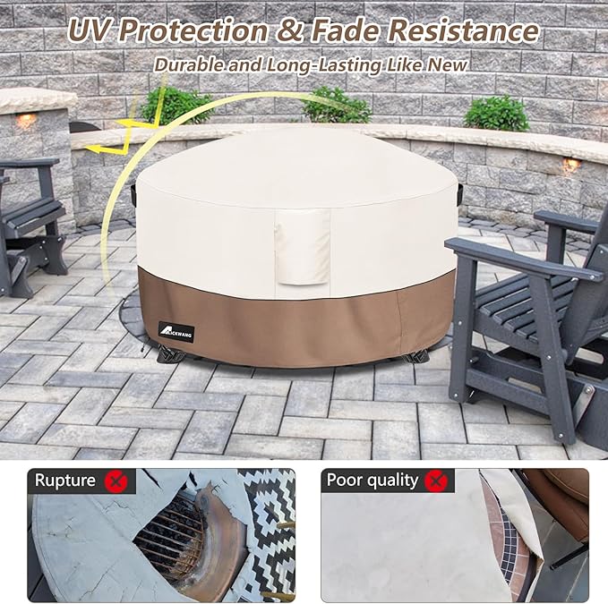 Fire Pit Cover Round 40 Inch Waterproof,Outdoor Heavy Duty Durable 600D Tear-Resistant Fire Pit Table Cover,Patio Round Firepit Cover 40" D x 20" H, Beige