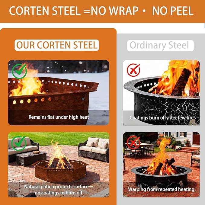 Heavy Duty Smokeless Fire Ring – 46 inch Outer/42 inch Inner Large Detachable & Portable Corten Steel Fire Pit Ring for Outdoor Camping & Bonfires – DECOROCA