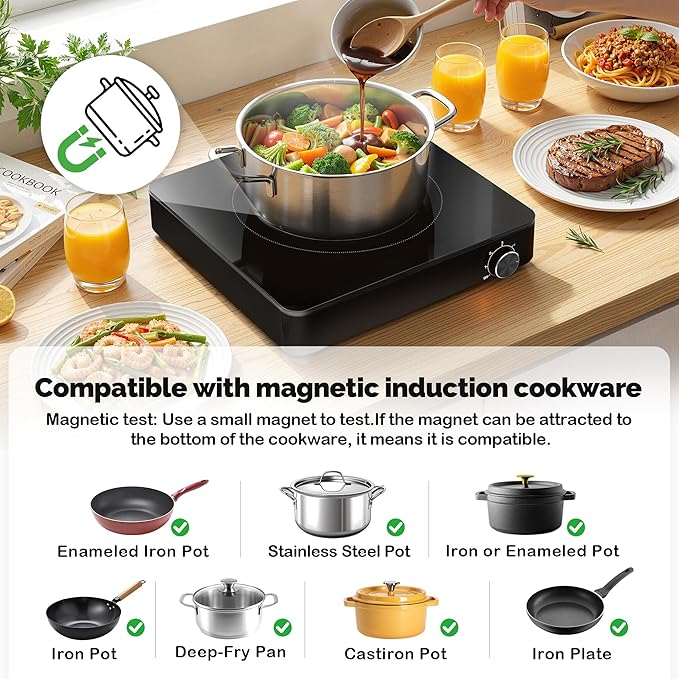 Portable Single Burner Electric Cooktop, 1200W 110-120V Countertop Hot Plate with Knob Control & 6 Power Levels, Black Crystal Glass Surface, Compatible with All Cookware, for Home Camping