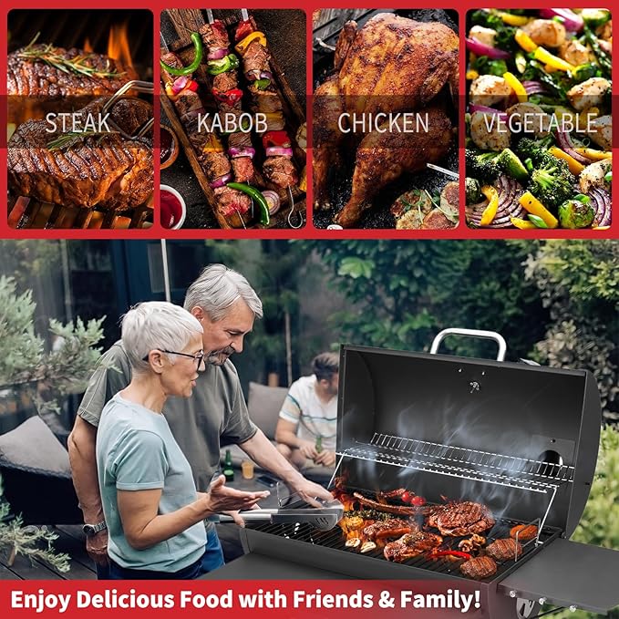 Kendane Barrel Charcoal Grill, Large Charcoal Grills with Front and Side Shelf, 627 Square Inches Cooking Grid, Outdoor BBQ Grill, Perfect for Backyard Camping, Patio Parties, and Picnics