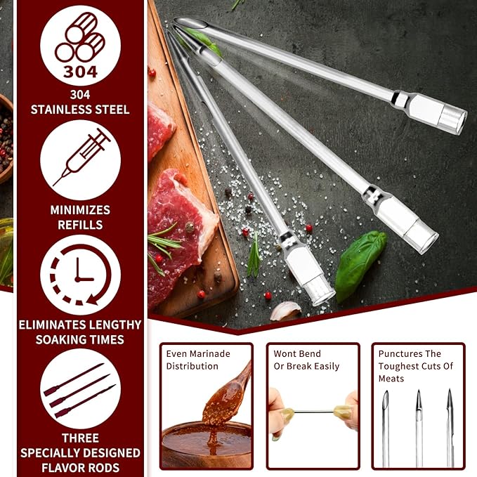 Turkey Meat Injector Syringe Kit with 3 Marinade Needles for BBQ Grill Smoker, 1 Cleaning Brush, 1 Oz/30 ml Large Capacity Injector Marinades for Meats Red