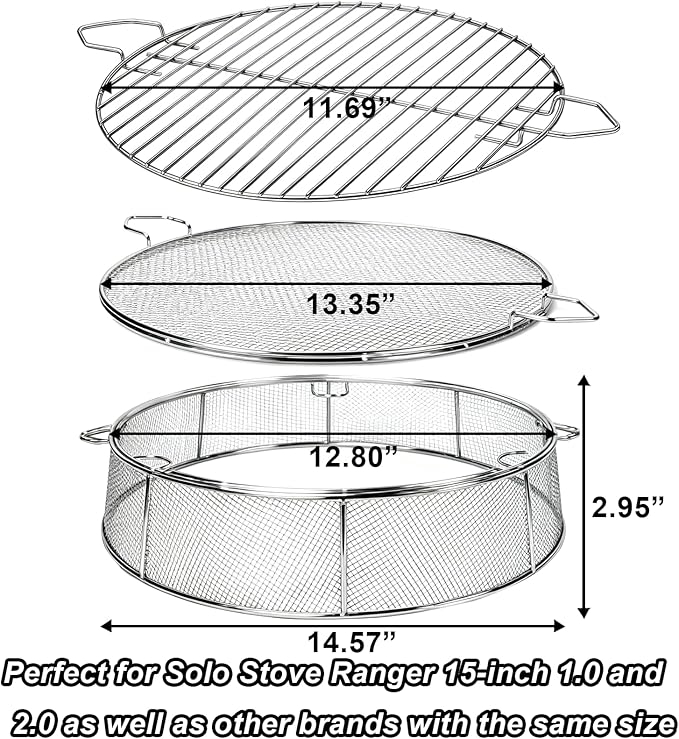 Fire Pit Spark Shield Cover & Cooking Grate for Solo Stove Ranger 15 Inch, 304 Stainless Steel Fire Pit Accessories with Stand & 2 Guide Sticks, All-in-One Lid, Spark Screen and Grill Grate