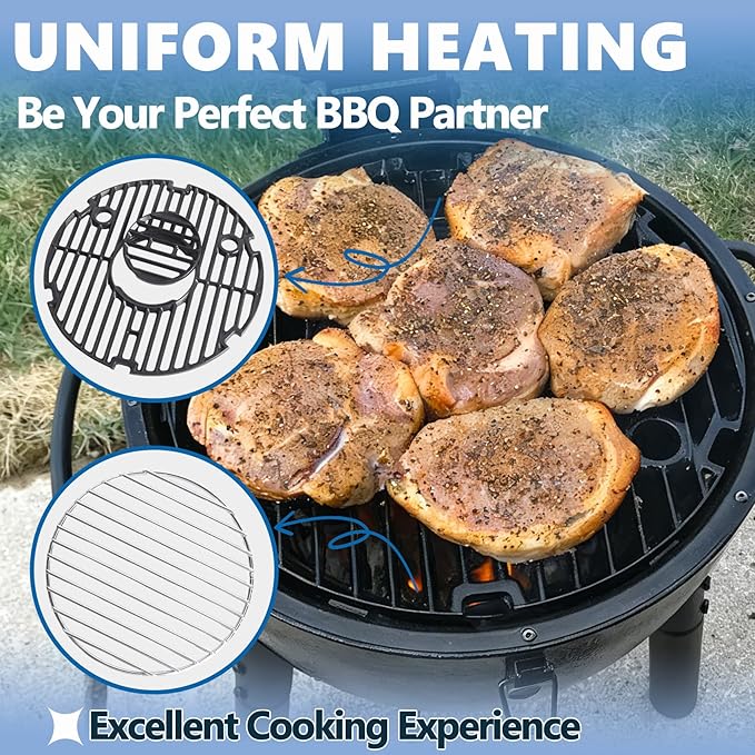 SafBbcue Round Cast Iron Grill Grate for Char-Griller AKORN Jr. Portable Kamado Charcoal Grill and Smoker Replacement Parts, Charcoal Grate for Kamado Akorn E86714 Grills Accessories, with Grid Lifter