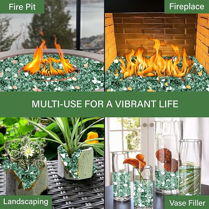 NUPICK 5 Pound Fire Glass, 1/2 Inch Reflective Fire Pit Glass, Tempered Firepit Glass Rock for Propane or Natural Gas, Glass Rocks for Fire Pit Table, Fireplace Glass for Landscaping, Green