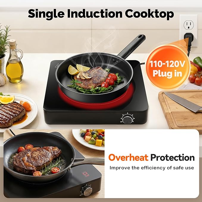 Portable Single Burner Electric Cooktop, 1200W 110-120V Countertop Hot Plate with Knob Control & 6 Power Levels, Black Crystal Glass Surface, Compatible with All Cookware, for Home Camping