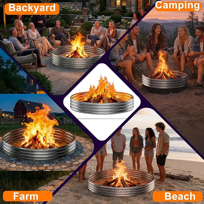 Fire Pit Ring for Outside Wood Burning, 60in Outdoor Fire Pit, Heavy Duty Steel Burn Pit for Backyard, Camping, Bonfire, Modern Style Large Metal Fire Pit Ring