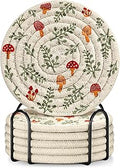 Cup Coasters for Drinks Absorbent - for Coffee Wooden Table Office Cute Farmhouse Outdoor Rustic Desk Kawaii Woven Women Kids Soft Cloth Braided Fabric Mushroom Coaster Set of 6 with Holder
