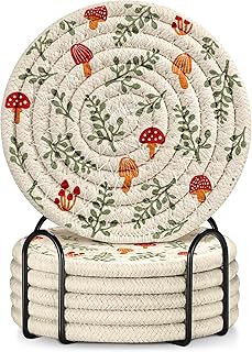 Cup Coasters for Drinks Absorbent - for Coffee Wooden Table Office Cute Farmhouse Outdoor Rustic Desk Kawaii Woven Women Kids Soft Cloth Braided Fabric Mushroom Coaster Set of 6 with Holder