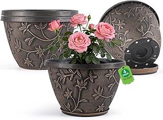 Nooulap 10 Inch Plant Pot with Drainage, Plastic Planter for Indoor Outdoor Plants, Medium Flower Pots for Patio, Balcony Garden Decor, Brown Vintage Flower Pattern