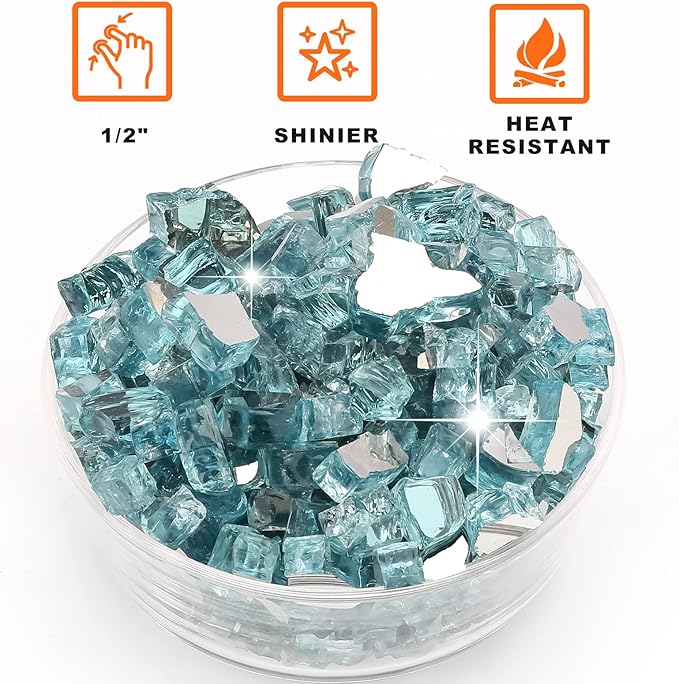 10 lbs Fire Glass, 1/2 Inch Aqua Blue Reflective Fire Glass for Propane Fire Pit, Fire Pit Glass Rocks Safe for Fireplace, Table and Landscaping