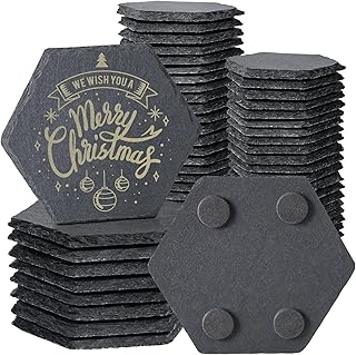 50 Pieces Slate Coasters, 4 Inch Hexagonal Black Stone Coaster Bulk for Drinks Hexagon Blank Natural Handmade Rock Coasters for Laser Engraving, Gifts, Coffee, Wooden Table, Home Decor, Bar