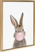 Kate and Laurel Sylvie Bubble Gum Bunny Framed Canvas Wall Art by Amy Peterson Art Studio, 18x24 Gold, Cute Whimsical Animal Art for Wall