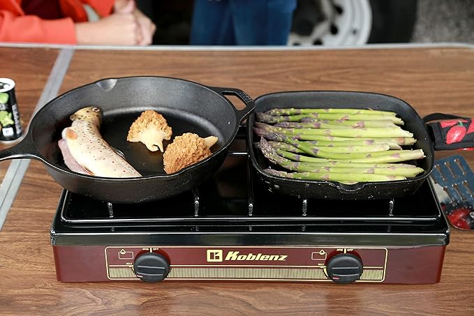 Koblenz PFK-200A 2 Burner Propane Stove, 8,000 BTU Portable Cooktop, Porcelain Cover, Manual Ignition, LP Gas, Camping Stoves for Outdoor, Tailgating, Cookouts, Bronze
