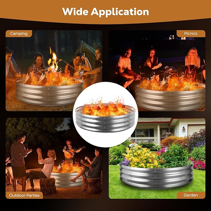 Raynesys 60 Inch Round Galvanized Fire Pit Ring, Silver Round Galvanized Fire Ring, 5 Feet Diameter Fire Pit, Outdoor Pits for Backyard, Camping, Bonfire