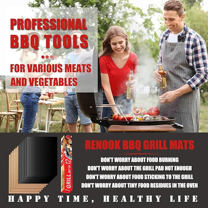RENOOK Set of 12 (6 Black+6 Copper) Grill Mats for Outdoor Grill, BBQ Grilling Mat for Gas Grill, Non-Stick Cooking Sheets, Oven Liners, 15.75 X 13 Inch