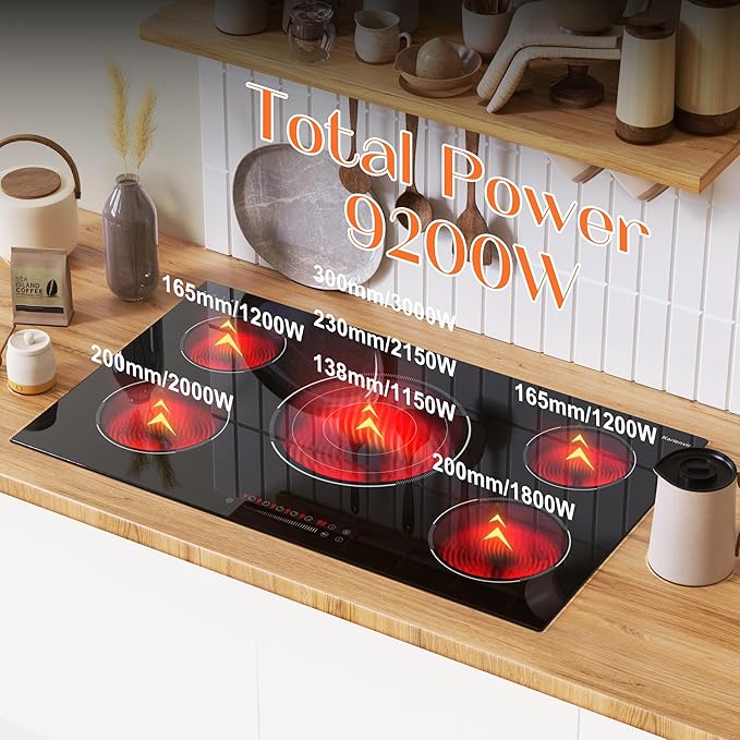 36 Inch Electric Cooktop, 5 Burner Electric Cooktop Bulit in, 9200W, 9 Power Levels, Electrics Stove with Timer, Safety Lock, Pause, 220V-240V Hard Wire