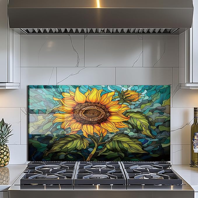 Evgosm Tempered Glass Backsplash for Kitchen， Stove Splashback, sunflower Glass Backsplash, Easy to Install and Clean, Used for Kitchen Wall Protection and Decoration. (30x16'')