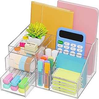 VITVITI Acrylic Desk Organizer, Clear Pencil Organizer for Desk, Multifunctional Desktop Stationary Pen Organizer, 8 Compartment Storage with Drawer, for Office/A4 Paper/Art Supply