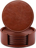 LAMOTI Leather Coasters for Drinks, 4" Drink Coasters Set of 6 with Holder for Tabletop Protection, Handmade Luxurious Home Décor and Housewarming Gift (Brown)