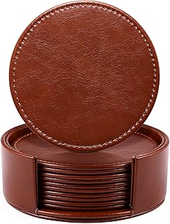 LAMOTI Leather Coasters for Drinks, 4" Drink Coasters Set of 6 with Holder for Tabletop Protection, Handmade Luxurious Home Décor and Housewarming Gift (Brown)