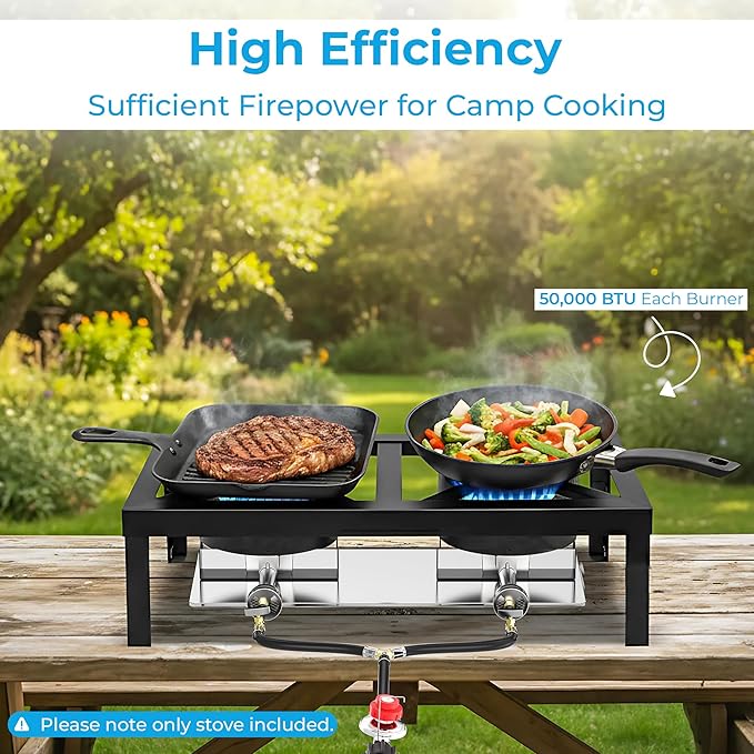 FIRE RIOT Tabletop Double Burner Camp Stove - 100,000 BTU Portable Propane Gas Cooker with CSA Regulator - Heavy-Duty Steel Frame for Camping, BBQ & Outdoor Cooking