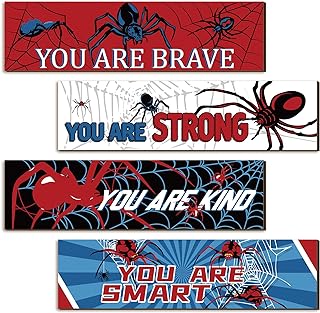 Geetery 4 Pcs Spider Room Decor Bedroom Boys Wall Decor Inspirational Wall Decoration Wooden Art Prints for Boys Kids Children Home Indoor Decoration Toddler Room Sign Birthday Gifts