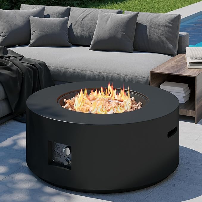 32.5 inch Round Propane Fire Pit, 50000 BTU Gas Fire Pit Table with Steel Lid, Waterproof Cover, 10ft Gas Hose & Gas Tank Base, Lava Rocks, Black