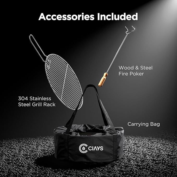 Ciays Smokeless Firepit, 17 inch Fire Pit for Camping with Patented Technology, Portable Fire Pit for Outside with Steel Grill Rack, Fire Poker, and Bag, Easy Setup and Storage, Wood Burning