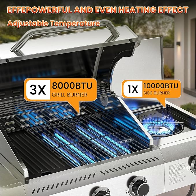 Premium 3-Burner Propane Gas Grill with Side Burner | 34,000 BTU Stainless Steel Outdoor BBQ Grill with Thermometer & Casters for Patio, Camping, Backyard Parties