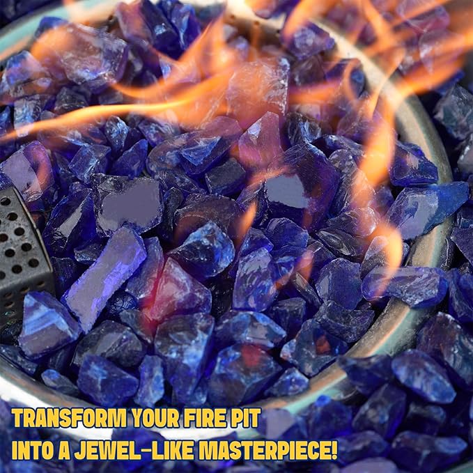 Mr. Fireglass Crushed Fire Glass for Natural or Propane Fire Pit, 10 Pounds Decorative Recycled Fireplace Glass Rocks for Fire Pit Fireplace and Landscaping, High Luster Cobalt Blue