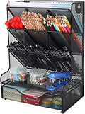 PAG Desk Organizer with Drawer Office Supplies and Accessories Storage Caddy Hanging Wall Shelf Metal Mesh Pencil Holder for Kids, 9 Compartments, Black
