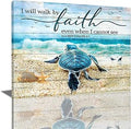 Tourrest Scripture Holy Bible Wall Art Teal Sea Turtle Walk by Faith Canvas Print Quotes Framed Artwork Blue Ocean Beach Coast Scenery Poster Motivational Animal Large Wooden Wall Décor, 16 x 12 in