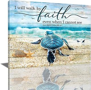 Tourrest Scripture Holy Bible Wall Art Teal Sea Turtle Walk by Faith Canvas Print Quotes Framed Artwork Blue Ocean Beach Coast Scenery Poster Motivational Animal Large Wooden Wall Décor, 16 x 12 in