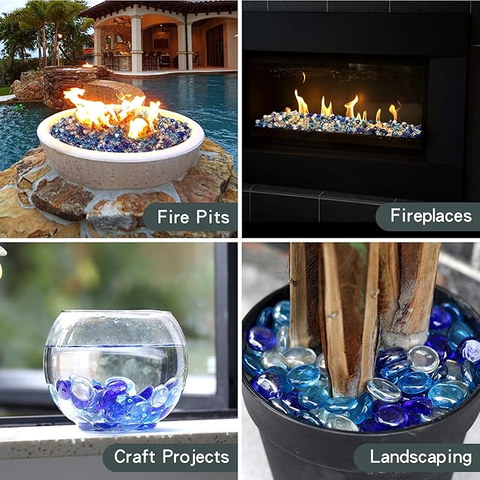 Mr. Fireglass 10 Pound Blended Fire Glass Beads, 1/2" High Luster Mixed Colored Fire Glass Drops for Fireplace Fire Pit & Lanscaping, Cobalt Blue, Crystal Ice, Caribbean Blue (Pack of 2)