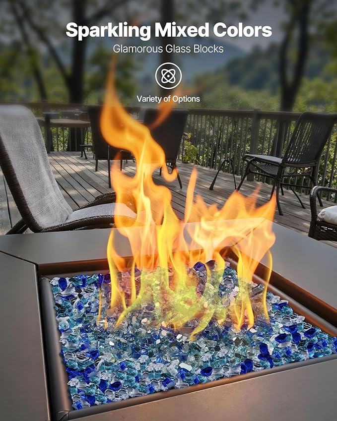 VEVOR Fire Glass, 10 lbs, Cobalt Blue + Aqua Blue + Clear, 1/2 Inch High-Temperature Resistant Reflective Glass Rocks, Smokeless Fire Pit Stones for Outdoor Table & Landscaping