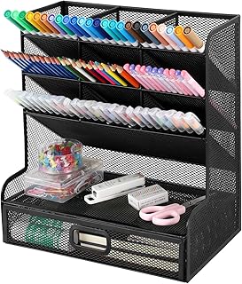 VICNOVA Mesh Desk Organizer, Pen Holder Art Supply Storage Organizer with Drawer Pen Organizer for Desk Desktop Marker Pencil Storage for Office School Home Art Supplies