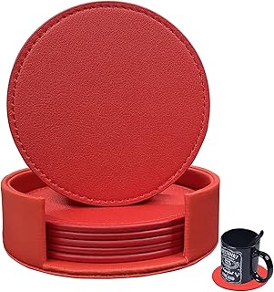 Coasters Set of 6 Soft Leather Drink Coaster Round Coaster with Sewing Around, Suitable for Various Cups, Wooden Tables,Home Decoration,4 Inches(Bright Red)