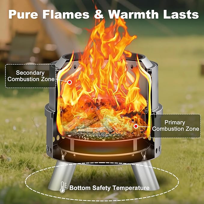 Smokeless Fire Pit with Waterproof Bag, 15 Inch Stainless Steel Fire Pits for Outside Wood Burning, Smokeless Firepit Outdoor Bonfire, Removable Ash Pan, Portable for Camping, Backyard