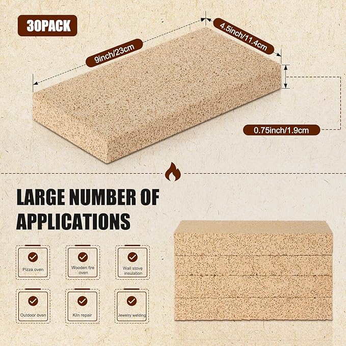 Ripeng 30 Pcs Insulating Fire Brick 3200F Rated Wood Stove Fire Bricks for Fireplaces Blacksmith Forges Heat Oven Kilns Insulation Block for Metal Clay Firing, Jewelry Soldering (9 x 4.5 x 0.75 Inch)