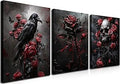 Gothic Canvas Wall Art Set of 3, Romantic Rose Halloween Wall Decor Paintings, Dark Goth Crow Skull Posters Prints for Bathroom Living Room Gallery Home Decor 12x16In Framed