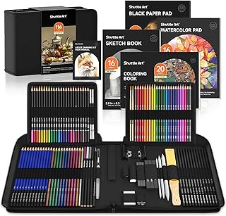 Shuttle Art 116 PCS Drawing Kit, Professional Drawing Supplies with Sketch, Charcoal, Colored, Graphite, Pastel Pencils & Sticks, Complete Drawing Tools and Paper Pads in Zipper Case for Artists&Kids